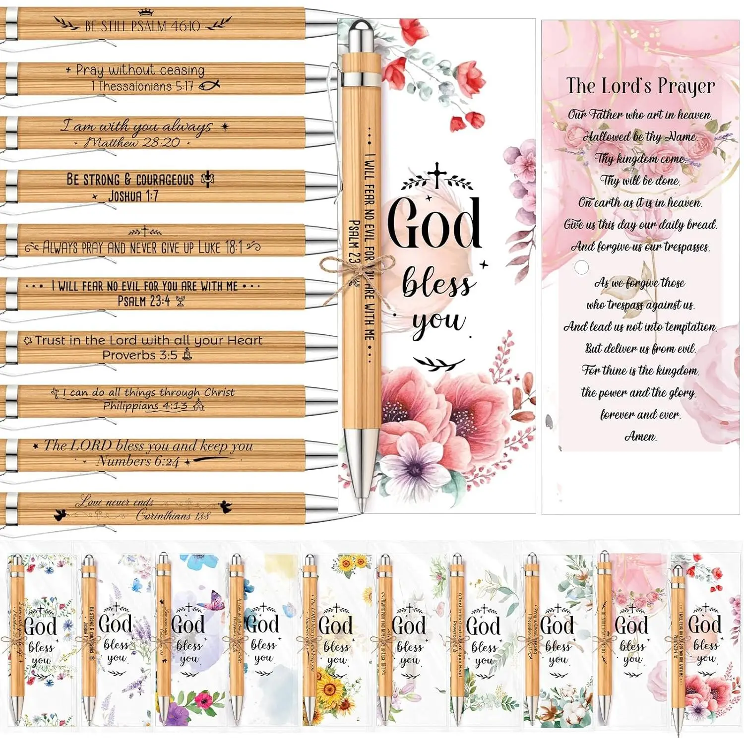 50 Sets Christian  Pens Bulk God Bless You Pens with Book Marks Religious Party Favors for Adults Prayers Christian Gifts Bulk Church Items Wooden Scripture  Verse Pens(Floral)