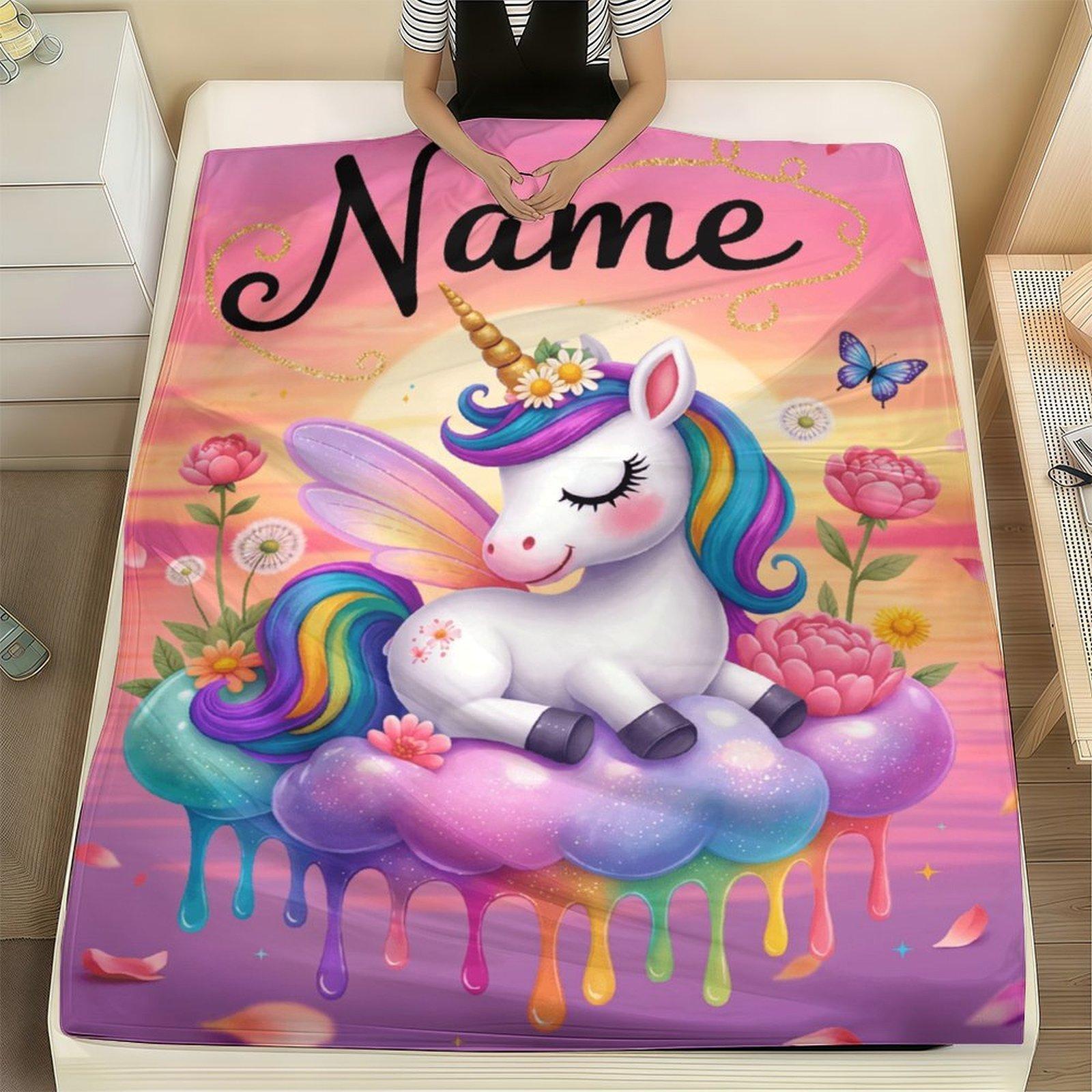 Custom Pink Unicorn Flannel Blanket ,Personalized Name Gift ,Suit for The Sofa, Bed, Travel, Camping, Living Room, Office, Chair，Gifts for Family or Child  ,Friend , Send your custom text via shop chat to personalize