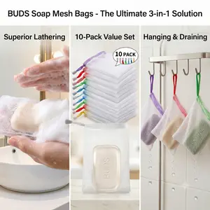 10-Pack Exfoliating Soap Saver Pouches | Durable Mesh Foaming Nets with Drawstring for Rich Lather