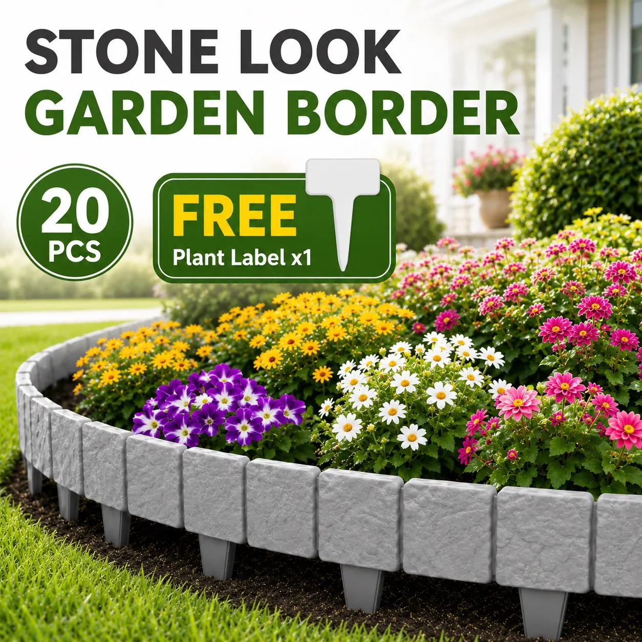 Stone Look Decorative Garden Border Set - Outdoor Edge-Define Fence, Easy Installation, Free Plant Labels for Home Improvement Garden Aesthetic Upgrade