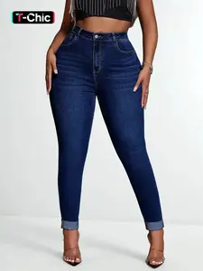 【Plus Size】 Solid Color Denim Jeans, Casual Fashion Comfy Fitted Skinny Pants for Daily Wear, Women's Bottoms for All Seasons, Womenswear