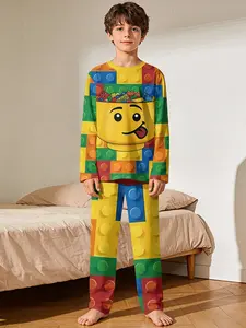 2-piece Boys' Long-Sleeve and Long-Pants Pajama Set with Colorful Lego Smiley Faces, Digital Printed Flame-Retardant Fabric, Soft and Skin-Friendly Casual Loungewear, Comfortable Children's Home Pajamas for Better Sleep, Ideal Gift Choice for Boys