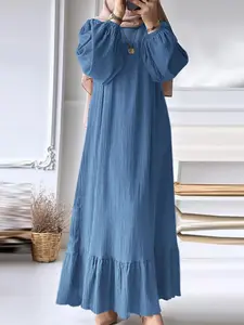 Women's Solid Textured Belted Ruffle Hem Arabian Dress, Casual Bishop Sleeve Round Neck Flowy Long Dress for Fall & Winter, Islamic Clothing for Daily Wear, Modest Style Dress, Maxidresses, Modest Solid Color Maxi Slip Dress