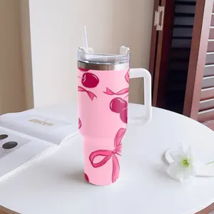 40oz thermos, Coquette Pink Cute Cherry Bow Pattern, lid & straw, double-wall stainless steel vacuum cup for hot & cold drinks, gift for sports lovers family classmates, basketball football cycling all seasons