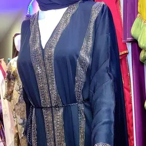 Dubai Crystal Abaya black with sliver stones  Color with Detailed Trim and Fringe Design