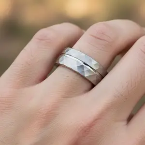 Men's Silver Tungsten Wedding Ring, Hammered Brushed Engagement Ring, Mens Multi Faceted Wedding Band, Mens Engagement Ring, Mens Anniversary Ring, Mens Silver Ring