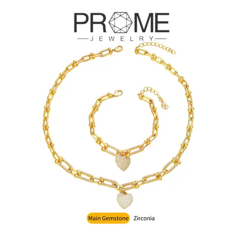 (CS001) Women's 2-Piece Classic Style 5A Cubic Zirconia Pavé Inlay Heart Necklace & Adjustable Fit Chain & Link Bracelet Set, Romantic Zirconia Jewelry for Daily Casual Wear, Birthday Gifting