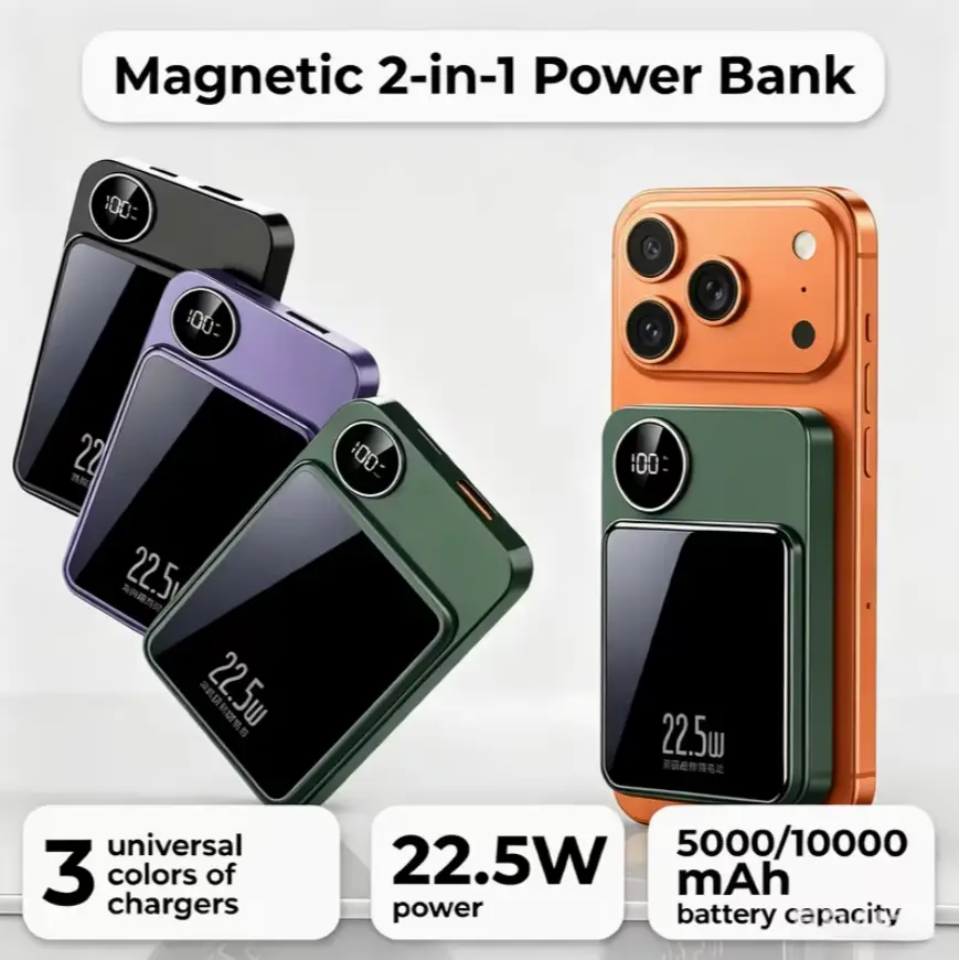 Magnetic wireless portable power bank, 10,000 mAh/5,000 mAh, 22.5 W PD fast charging (up to 20 W), with LED digital display, dual input/output ports, compatible with iPhone, all iOS devices, and Android devices.