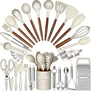 Thickened Silicone Cooking Utensils Set with Natural Wooden Handle- Kitchen Utensils Set, 34PCS Heat Resistant Kitchen Gadgets Tools Set, Kitchen Spatula Set for Nonstick Cookware