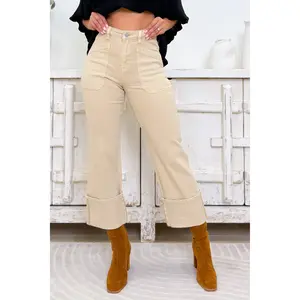 The Jamie By Risen - High Rise Cuffed Patch Pockets Jeans - Latte
