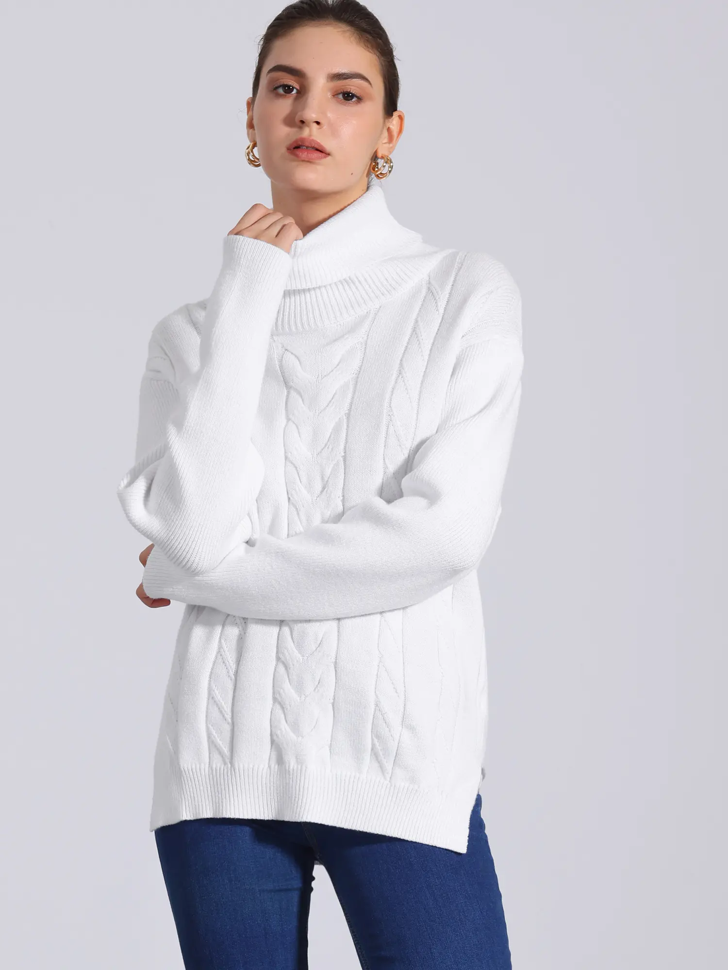 INSPIRE CHIC Cable Knit Sweaters High Low Split Long Sleeve Turtleneck Jumpers