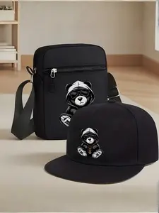 Hiphop Bear Graphic Print Unisex Baseball Cap and Zipper Crossbody Bag Set, Street Fashion Outdoor Sports Casual Hat and Shoulder Bag, Adjustable Gift