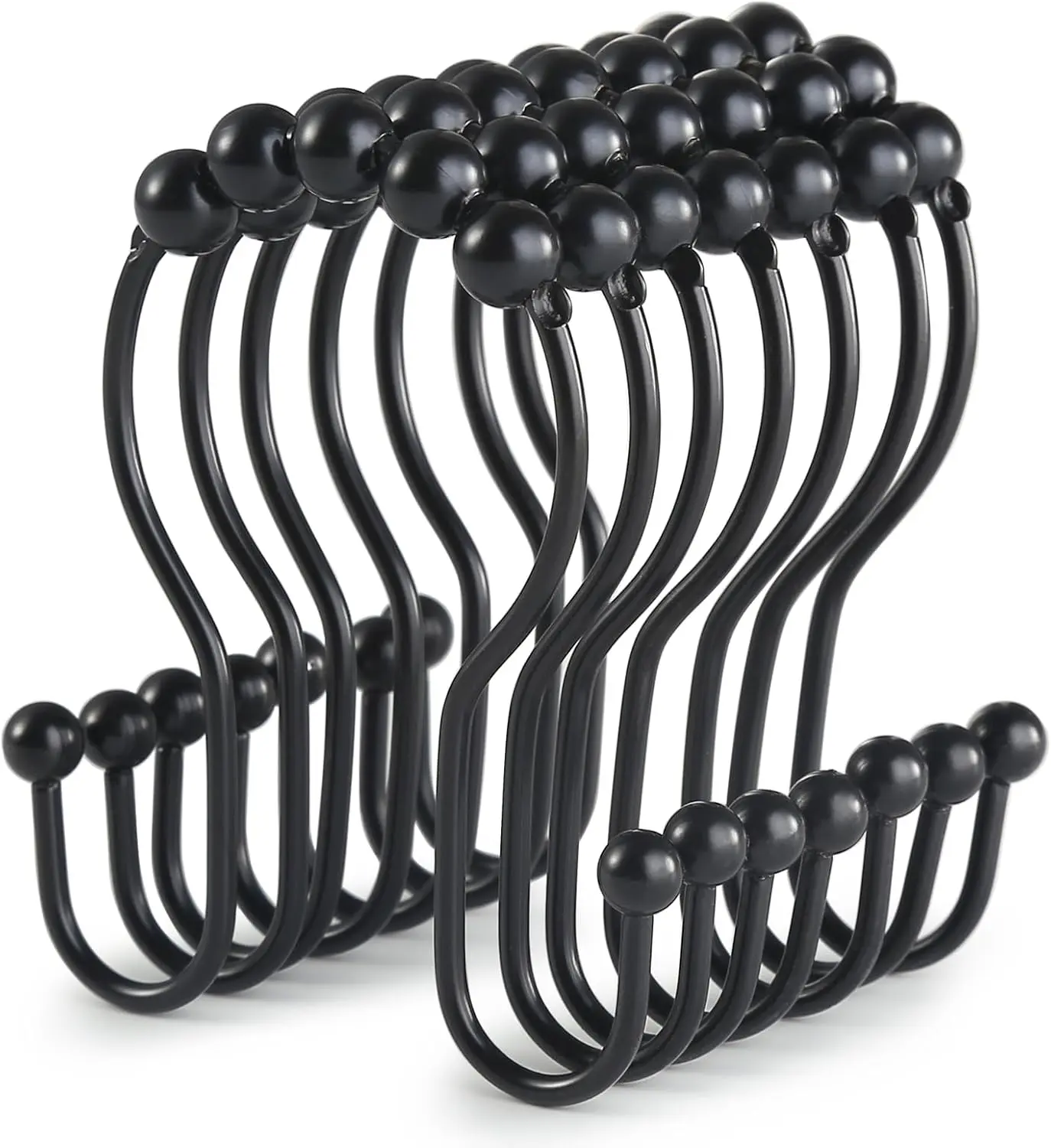 Shower Curtain Hooks 12 Pcs - Stainless Steel Black with Smooth Sliding Anti-Drop Double Shower Rings for Curtain