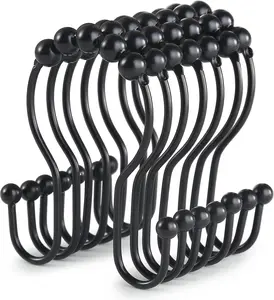 Shower Curtain Hooks 12 Pcs - Stainless Steel Black with Smooth Sliding Anti-Drop Double Shower Rings for Curtain