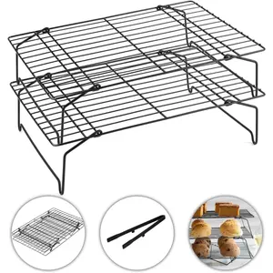 2-Tier Cooling Racks for Cooking and Baking - 13" x 9.6" Stackable Heavy Duty Stainless Steel Wire Rack for Baking, Grilling, Roasting - Oven & Dishwasher Safe - Black