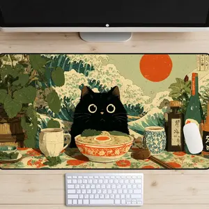 [Sale up to 50%] [Free Ship] Vintage Japanese Ramen Shop Desk Mat, Black Cat Desk Pad, Cute Ramen Shop Desk Topper, Retro Japan Anime Mousepad, Ramen Cat Laptop Mat