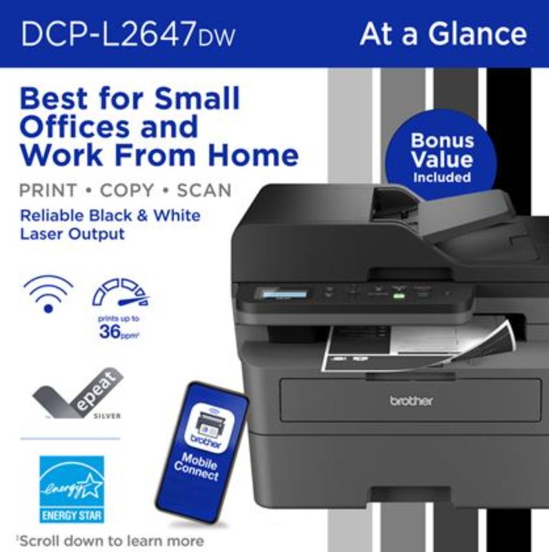 Brother DCP-L2647DW Wireless Compact Monochrome Multi-Function Laser Printer with Print Copy Scan Duplex Mobile Printing 1200 Black Pages Yield