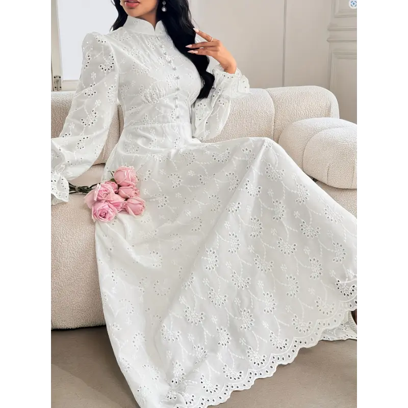 Women's French-Inspired Vintage Semi-Sheer Casual Gown - 100% Polyester, Chic V-Neck Ruffle Puff Long Sleeves, Embroidered, Solid Color, Zipper-Button Closure, Regular Cut, All-Season Elegant Dress