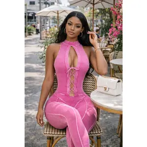 Barbie Pink Ribbed Lace-Up Halter Jumpsuit