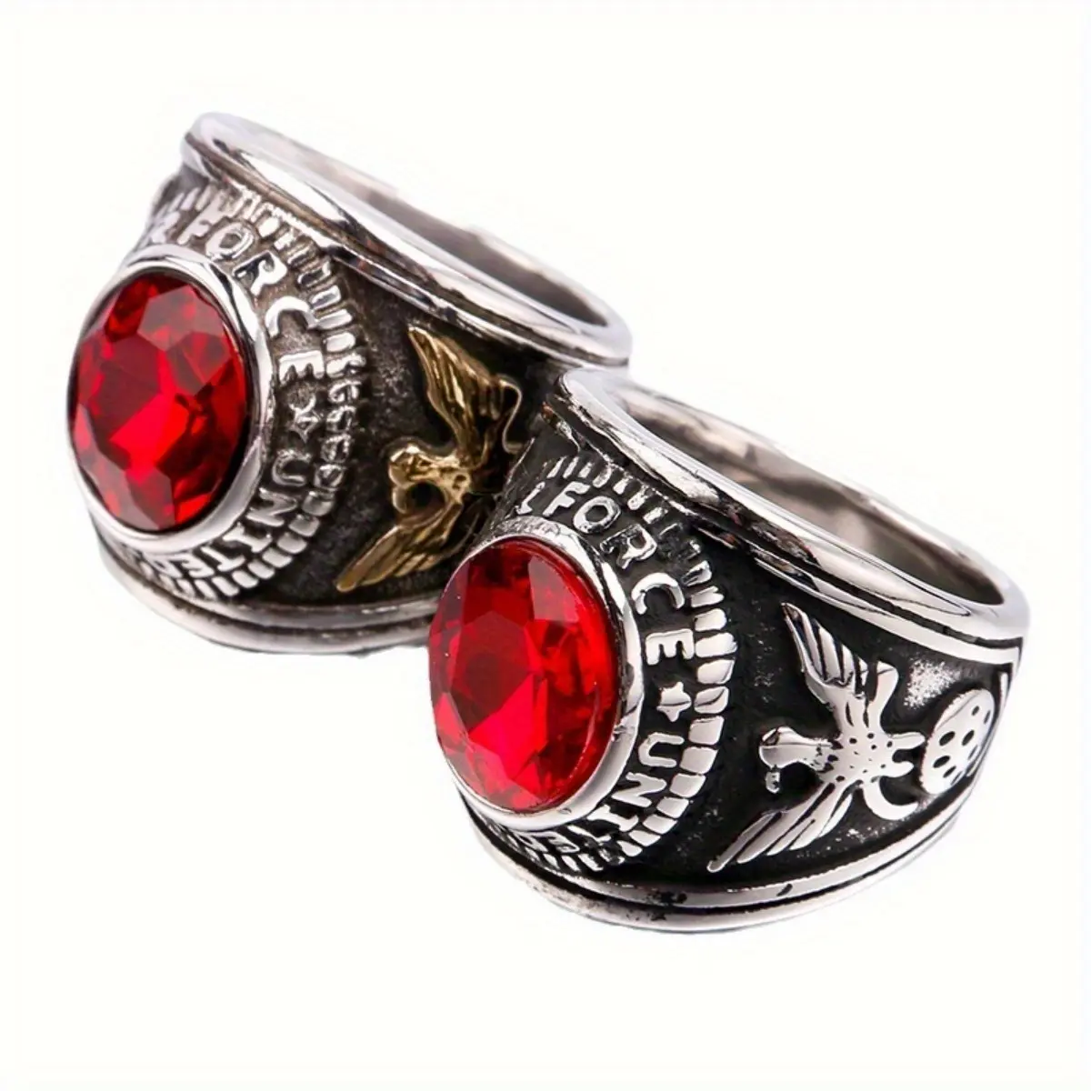 Men's Punk Eagle Witchy Jewelry, Domineering Silver-Tone Oval Stainless Steel Accessory with Red Zircon for Hip-Hop Fashion