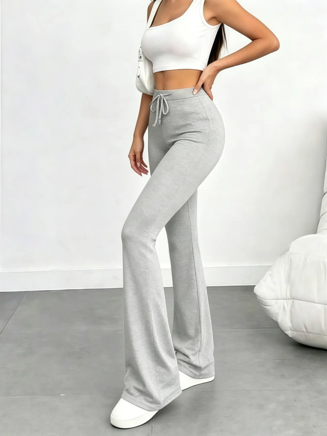 American Retro Plain Drawstring Waist Slim-Fit Micro Flare Sweatpants, Athleisure Pants, Soft Fabric, Women's All-Season Daily Workout Pants
