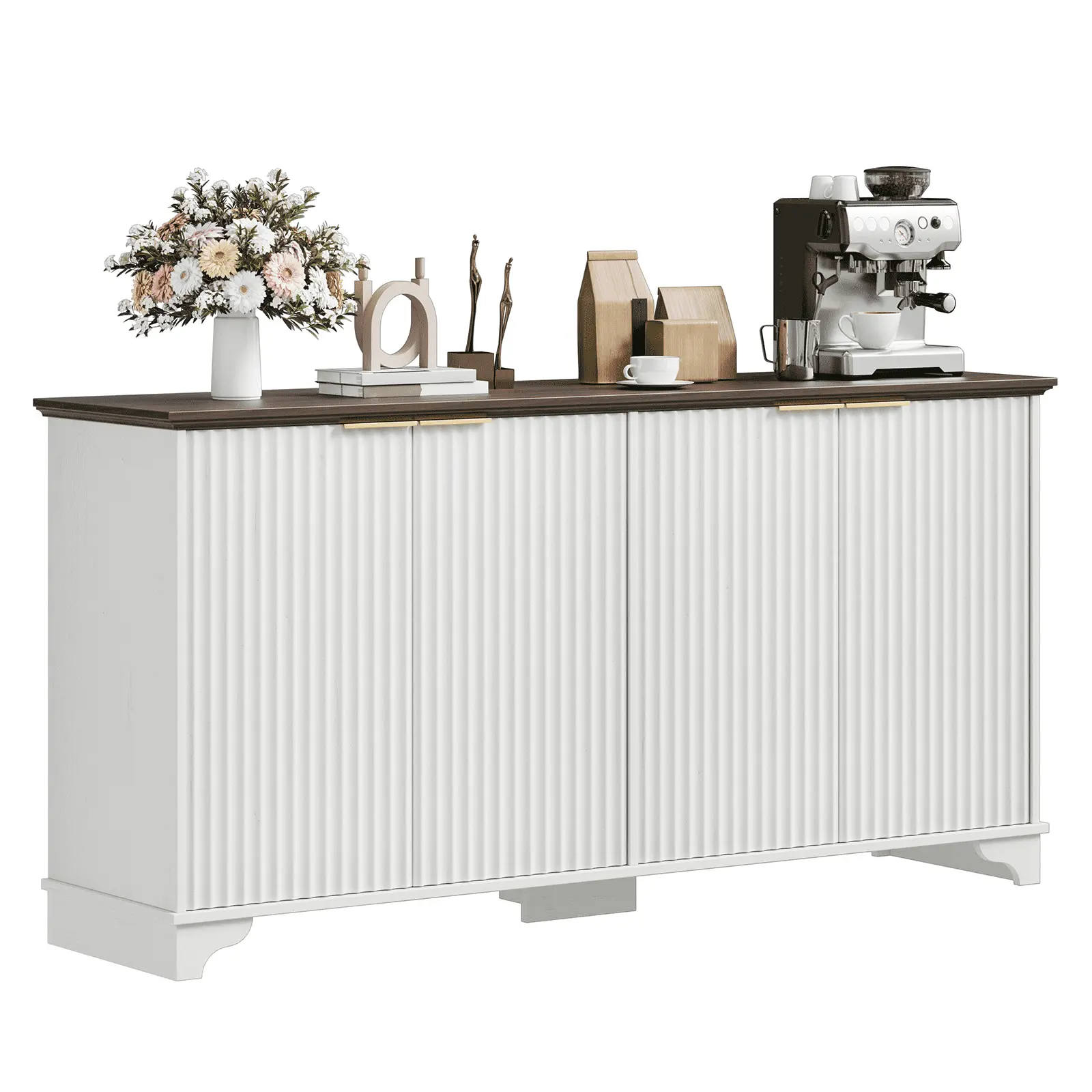 Gaomon 61-Inch Modern Fluted Engineered Wood Buffet Cabinet - 4-Door Durable Space-Saving Kitchen Storage Sideboard with Adjustable Shelves, Vertical Grooves, Assembly Required Accent Furniture for Living Room, Dining Room, White, Customizable Storage, Fl