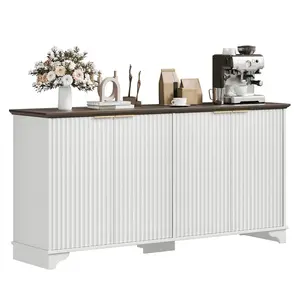 Gaomon 61-Inch Modern Fluted Engineered Wood Buffet Cabinet - 4-Door Kitchen Storage Sideboard with Adjustable Shelves, Accent Furniture for Living Room, Dining Room, White