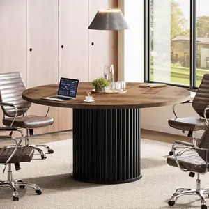 LITTLE TREE 47-Inch Round Conference Table, Meeting Table for 4-6 People, Small Office Desk with Sturdy Metal Base, Perfect for Conference Room or Small Workspaces