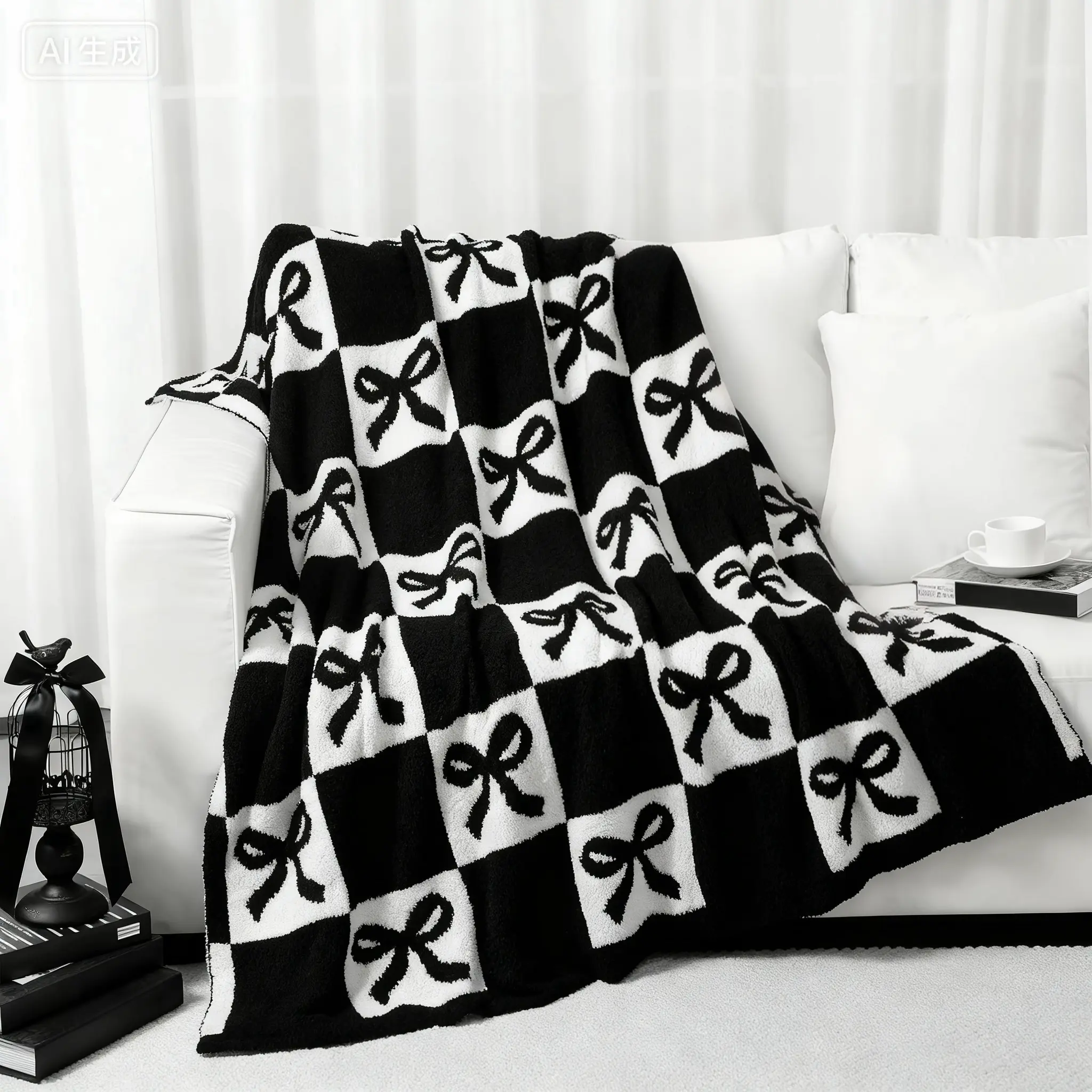 Buryeah Bow Flannel Throw Blanket Black and White Preppy Cute Reversible Cozy Soft Lightweight Plush Gift for Couch Sofa Bed Travel