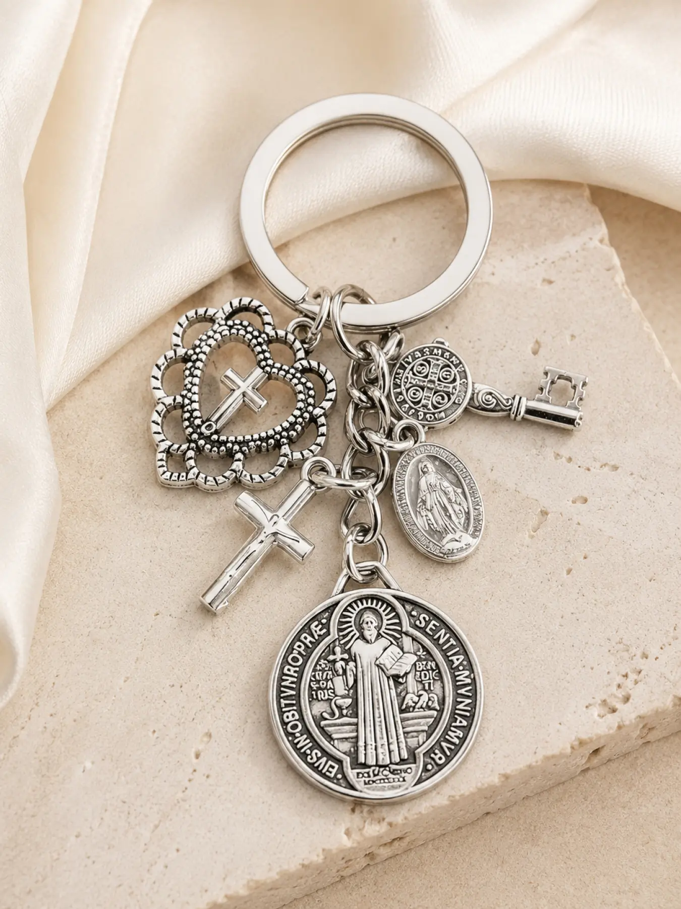 Religious Fun Keychain | St. Benedict and Our Lady Cross Keychain with Various Accessories, Prayer Protection Charm for Bag and Phone Decoration, Elegant Creative Gift, Ideal for Christmas, Halloween, Summer, Winter, Valentine's Day, New Year, Essential H