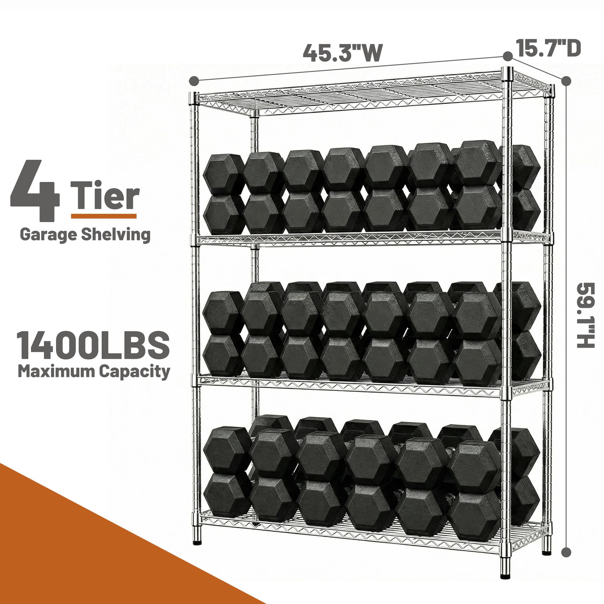 1400 Lbs 4-Shelf Storage Shelves,Wire Shelving Heavy Duty Metal Storage Shelving Unit Adjustable Garage Shelving Rack Pantry Kitchen  Chrome, 4 Tier,15.8  D X 45.3  W X 59.4  H