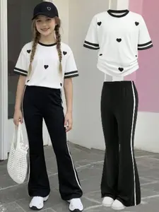 Girls' Vintage Sport Stripe Coordinated Set, Heart Graphic Casual Minimalist & Cream Striped Round Neck Short Sleeve Tee and Bell Pants