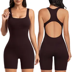 Women Backless Jumpsuits Scoop Neck Bodycon Romper Playsuit Workout Padded Bar Jumpsuits