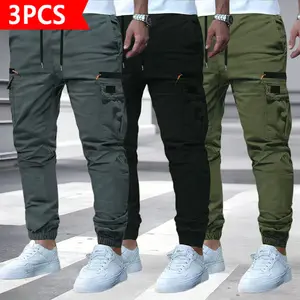 3-Pack Men’s Cargo Jogger Pants, elastic waistband with adjustable drawstring, multi-pocket utility joggers, soft and durable fabric, tapered ankle cuffs, 4-color combo set, ideal for outdoor activities, running errands, work, school, casual wear, and all