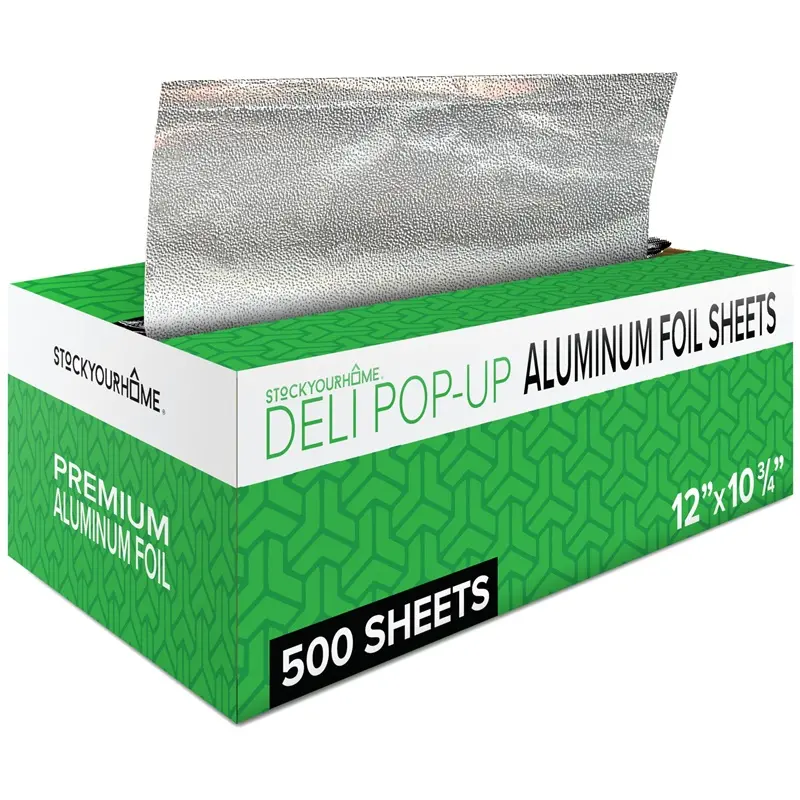500 Count Pre-Cut Deli Aluminum Foil Sheets, 12” Heavy Duty Pop Up Foil Sheets for Restaurant, Disposable Foil Sheets for Food, Tin Foil Sheets for Burrito, Hot Dog or Sandwich, Stock Your Home