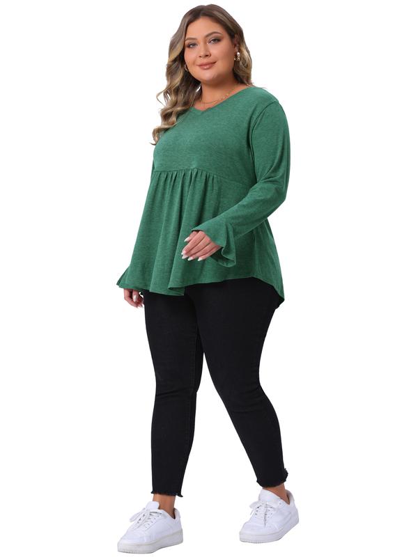 Agnes Orinda Women Plus Size Long Sleeve Shirts Flared Sleeves Pullover Dressy Casual Peplum Tops Green