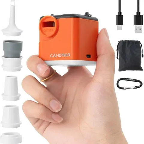 CAMDOOR Portable Mini Electric Air Pump for Inflatables,2400mAh Rechargeable Air Mattress Pump, 200-360L/min FastInflate & Deflate, 6 Nozzles, LED Camping Light, for PoolFloats, Sleeping Pads, Vacuum Storage Bags