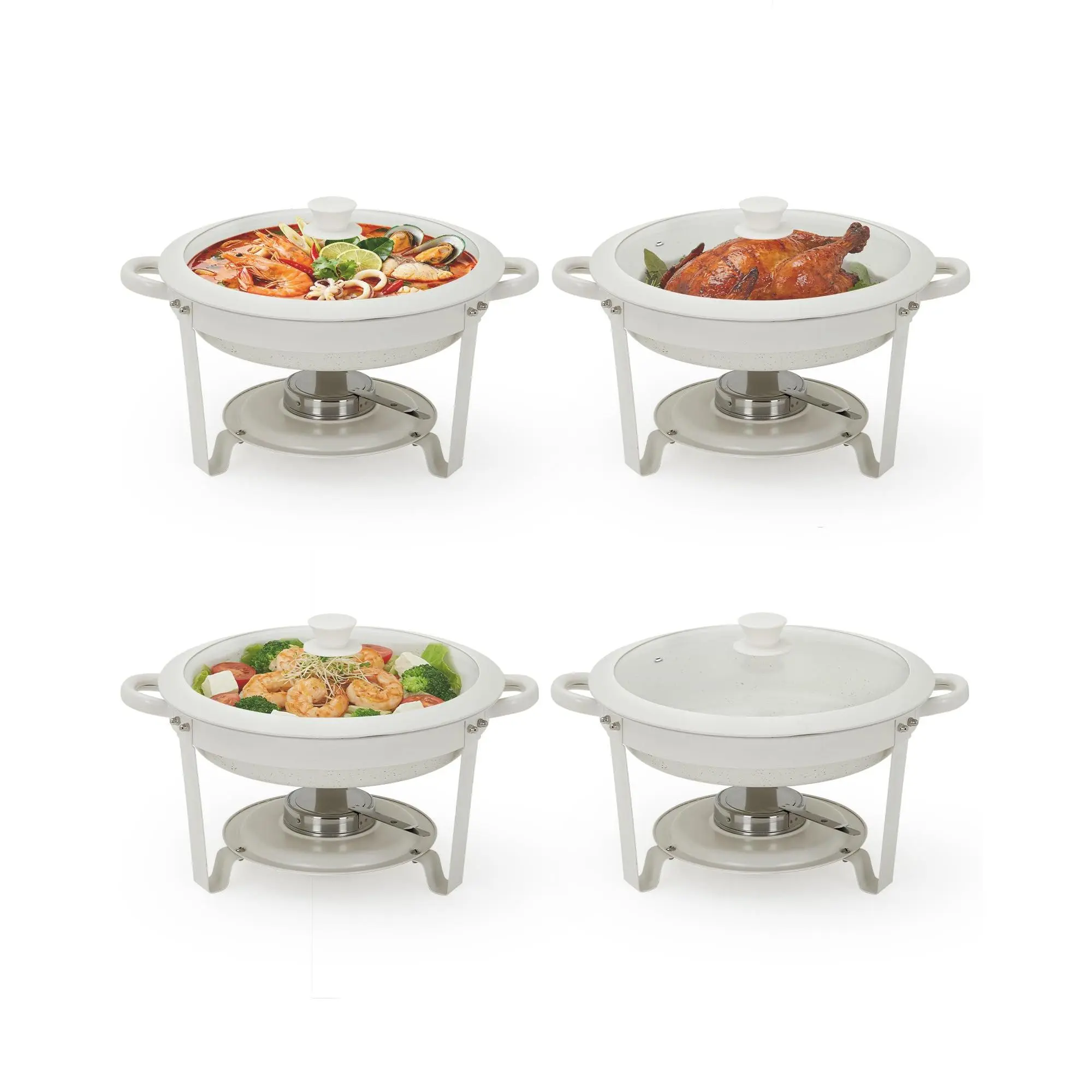 Maifanite-Coated Chafing Dishes for Buffets, 4 Pack 5.3QT White Round Chafing Dish Set with Transparent Lids, Stainless Steel Commercial Food Warmer for Parties, Weddings, Restaurants & Catering