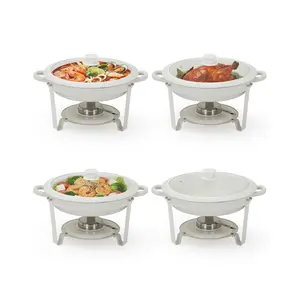 Maifanite-Coated Chafing Dishes for Buffets, 4 Pack 5.3QT White Round Chafing Dish Set with Transparent Lids, Stainless Steel Commercial Food Warmer for Parties, Weddings, Restaurants & Catering