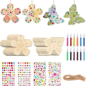 Butterfly & Flower Design Wooden Craft Kit, 1 Set Wood Chips with Watercolor Pens & Gem Stickers, DIY Art Supplies for Birthday Gifts & Parties