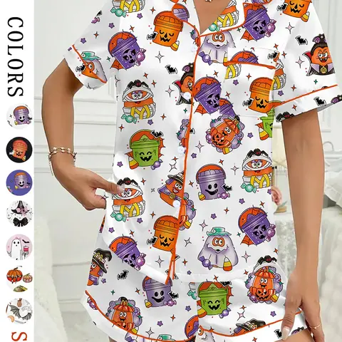 Women's Halloween Bat Print Pajama Set, Casual Comfy Short Sleeve Top & Shorts Loungewear Set, Ladies Sleepwear for All Seasons, Printed Sleepwear Set