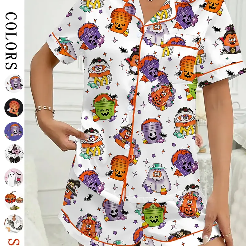 Women's Halloween Bat Print Pajama Set, Casual Comfy Short Sleeve Top & Shorts Loungewear Set, Ladies Sleepwear for All Seasons, Printed Sleepwear Set