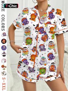 women's halloween print pajama set, casual comfy short sleeve top & shorts set, ladies sleepwear for all seasons, loungewear