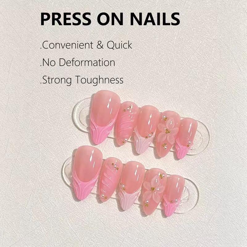 3D Pink Press on Nails Almond -MediumFrench Tip Fake Nais with EmbossedFlower&Gold Bead Designs,Glossy FinishReusable False Nails with Glue Tabs-24PcsNail Kit for Women Manicure
