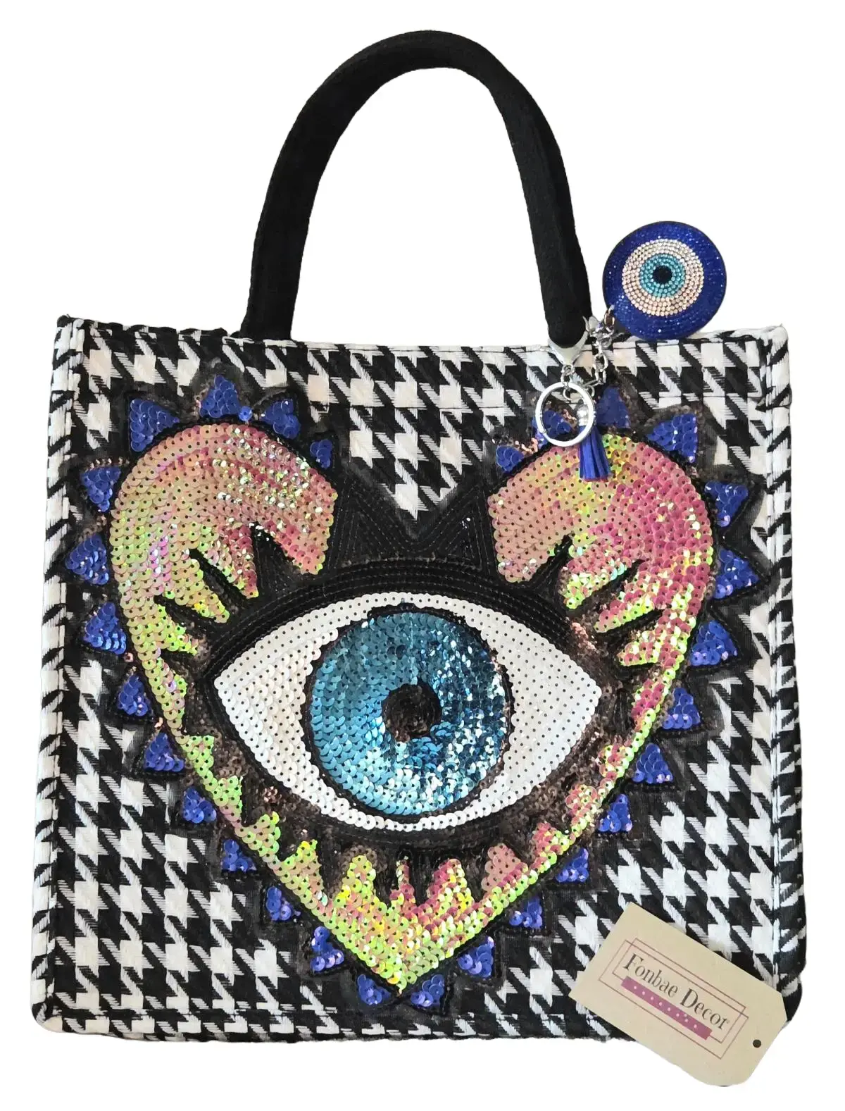 Houndstooth Plaid Tote Handbag with Blue Heart Evil Eye Sequin Embroidery Logo