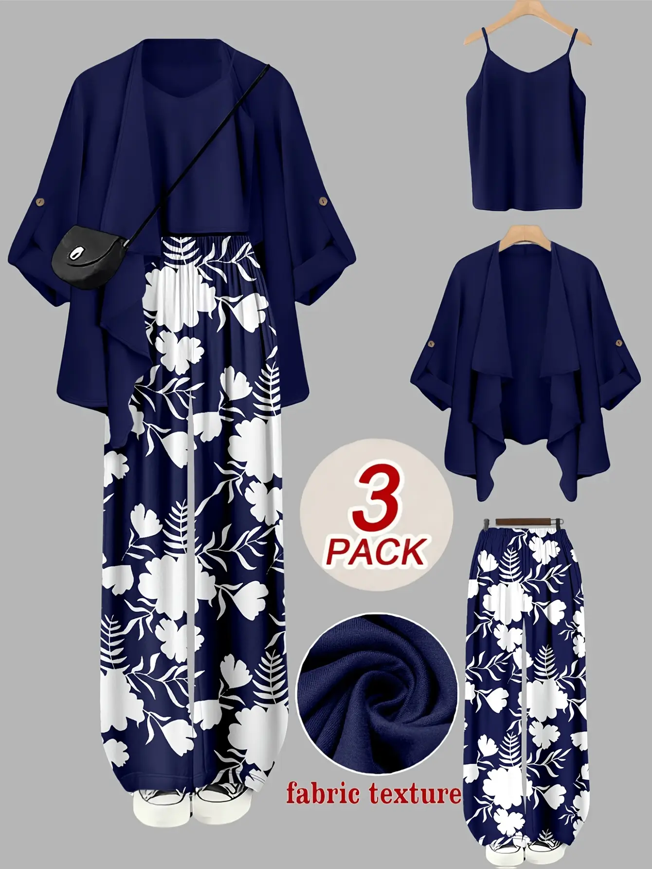 Women's 3-Piece Casual Pants Set | Elegant Clothes with Long Sleeve Cardigan, Tank Top & Drapey Wide-Leg Trousers for Work or Travel, Floral, Fits, Regular Fit, All Season, Layered Look, Stylish Women's Wear, Fashion Clothing, Floral Print