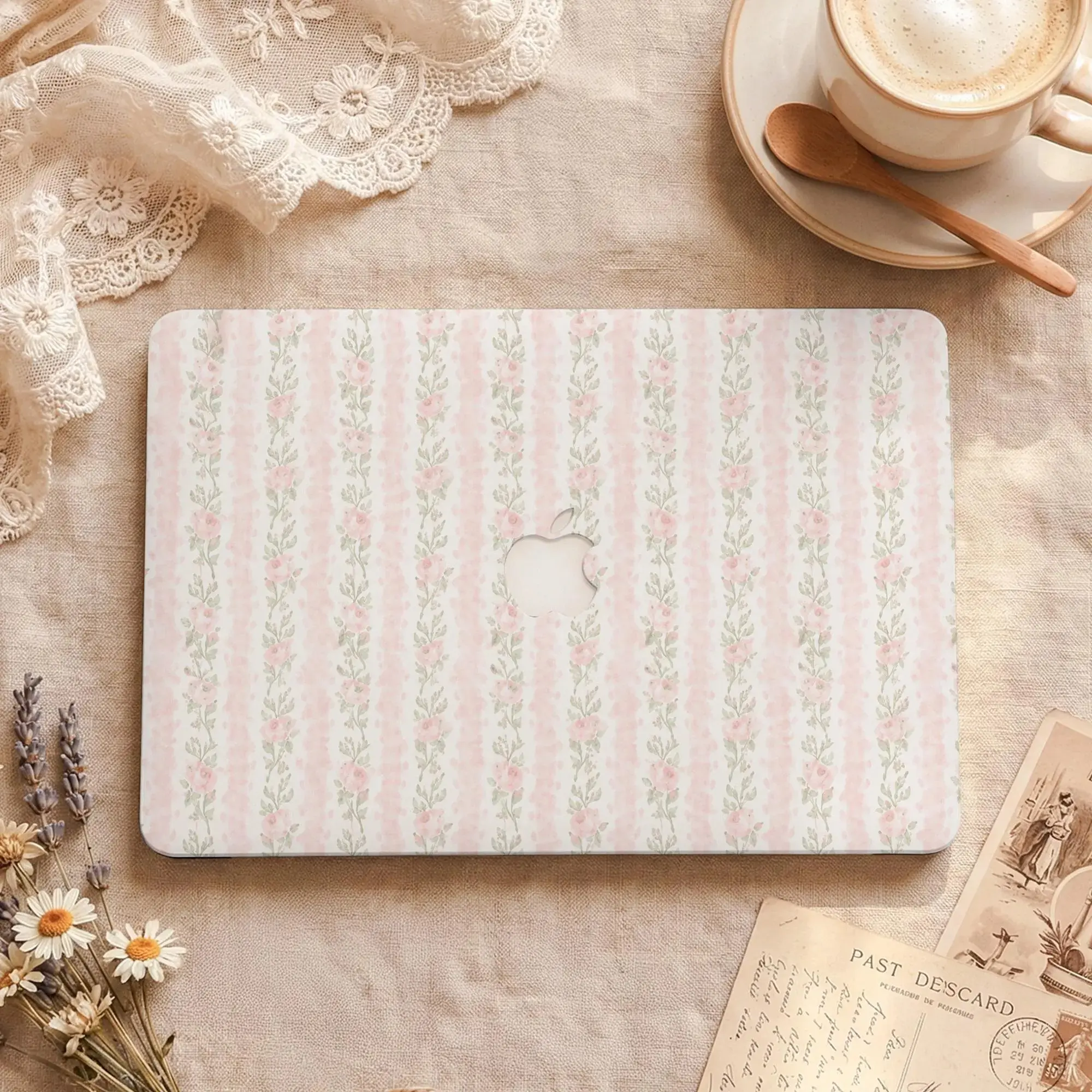 Dainty Pink Stripe Floral Print MacB Protective Case for MacB Air 15 13, MacB Pro 16 14 13 Inch,  MacB Protective Case Cover