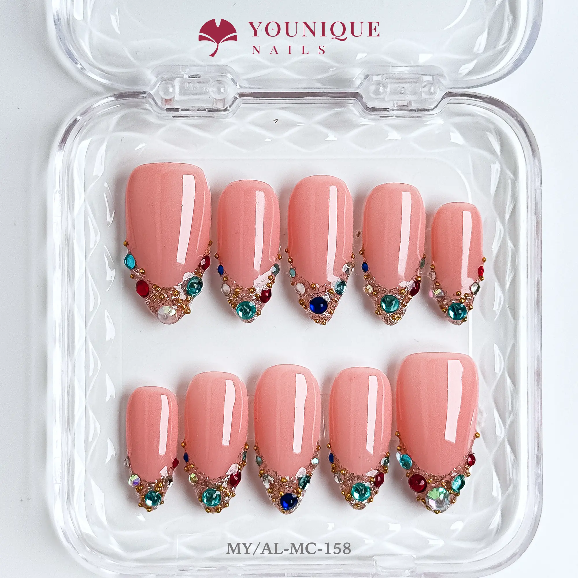 Younique Nails | 10PCS 100% Handmade Press-On Nails | Reusable Colorful Art Glossy Design Acrylic Luxury Long Lasting 3D Stylish Office Wear Floral Embellished Rhinestone salon-quality