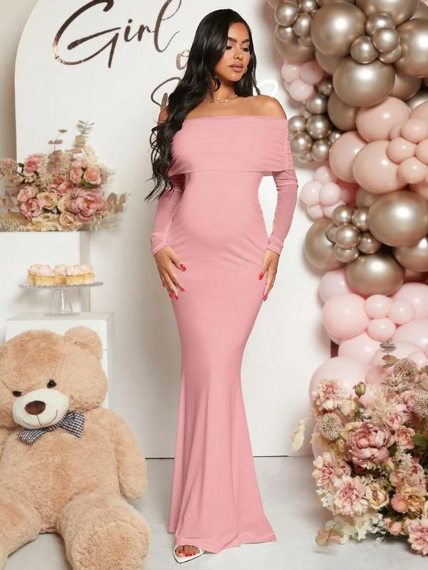 Solid Color off Shoulder Maternity Dress, Stylish Comfortable Design for Expecting Moms, Perfect for Baby Showers or Casual Outings, Maternity Clothing Solid Color off Shoulder Maternity Dress, Stylish Comfortable Design for Expecting Moms, Perfect for Baby Showers or Casual Outings, Maternity Clothing