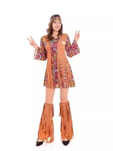 Women's Fringe Hippie Costume, Vintage Hippy Party Performance, Halloween Arabic Dress, Long Length, Slim-Fitting, All Seasons